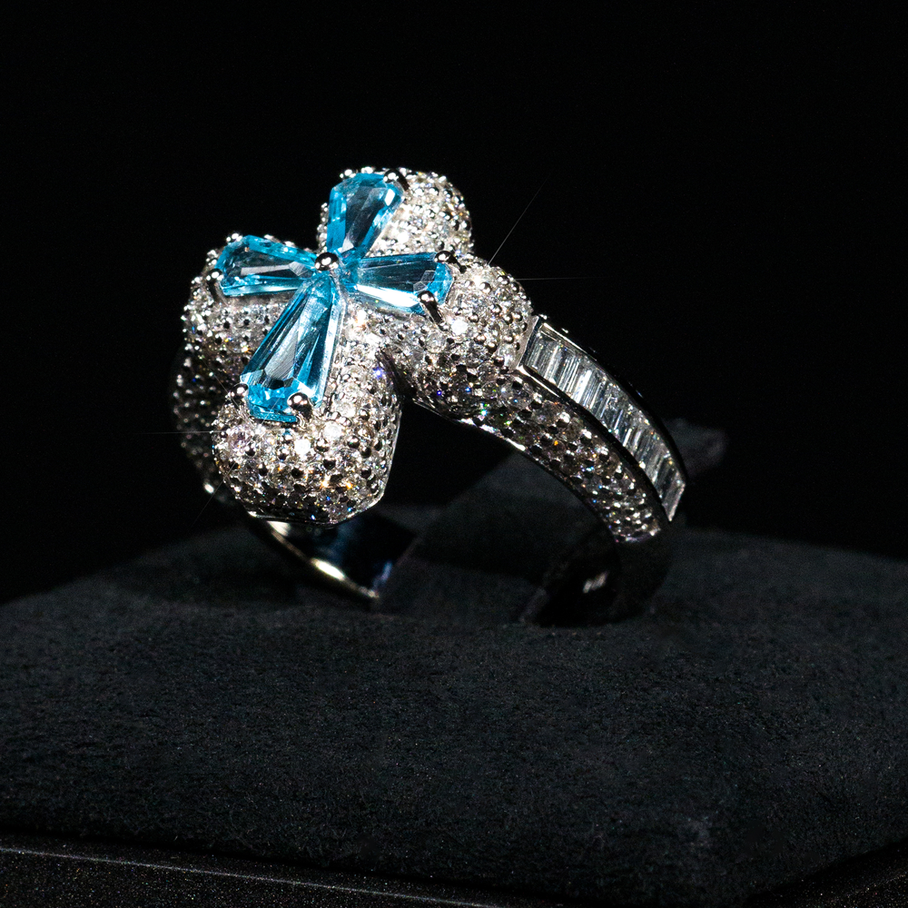 Ring Cross Full Ice with 4 Light Blue Sapphires 14k White Gold