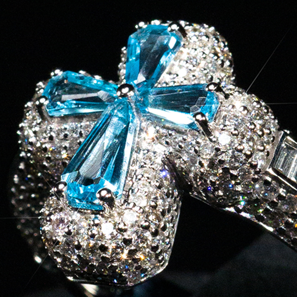 Ring Cross Full Ice with 4 Light Blue Sapphires 14k White Gold
