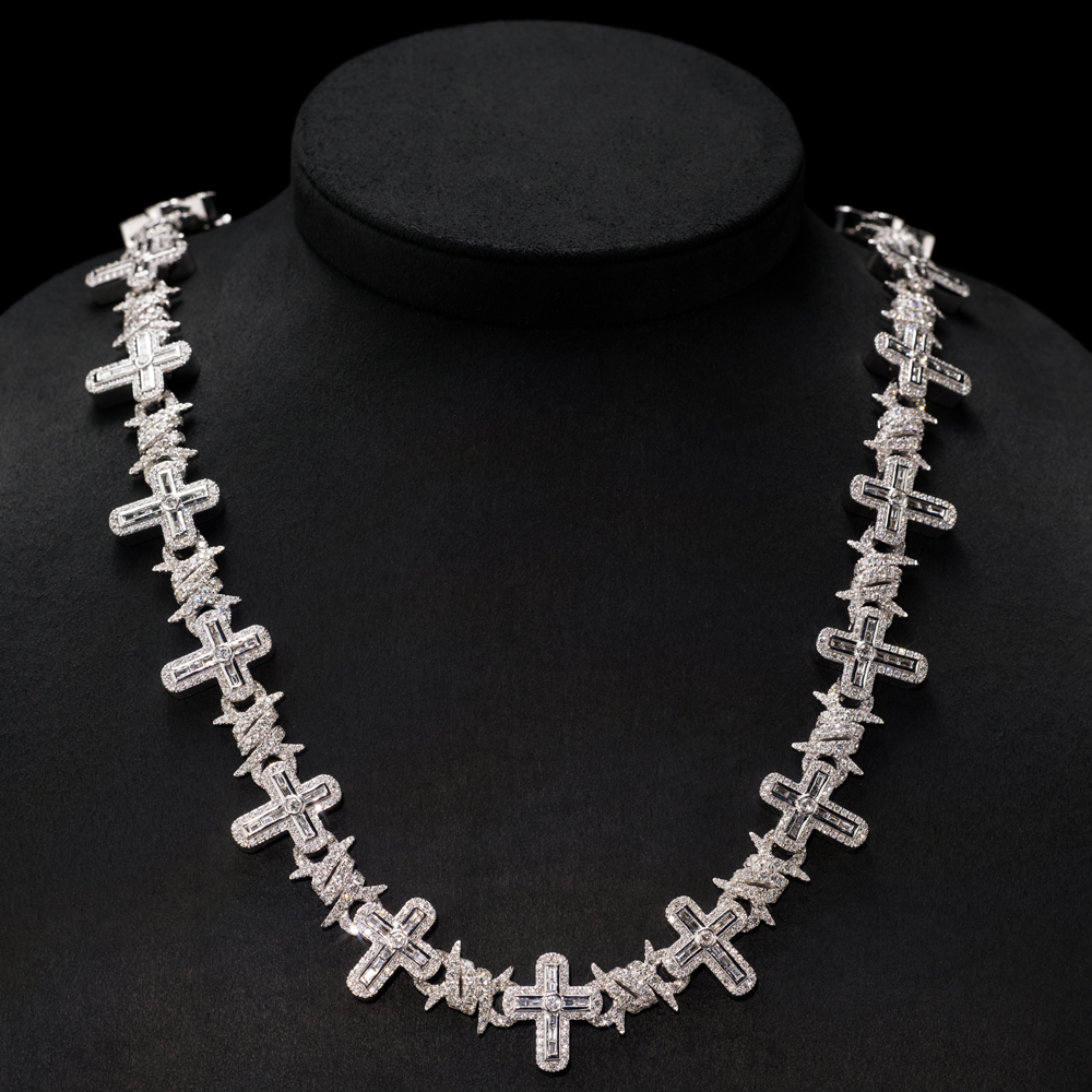Chain Cross with Thorns White Gold 14K with Diamonds