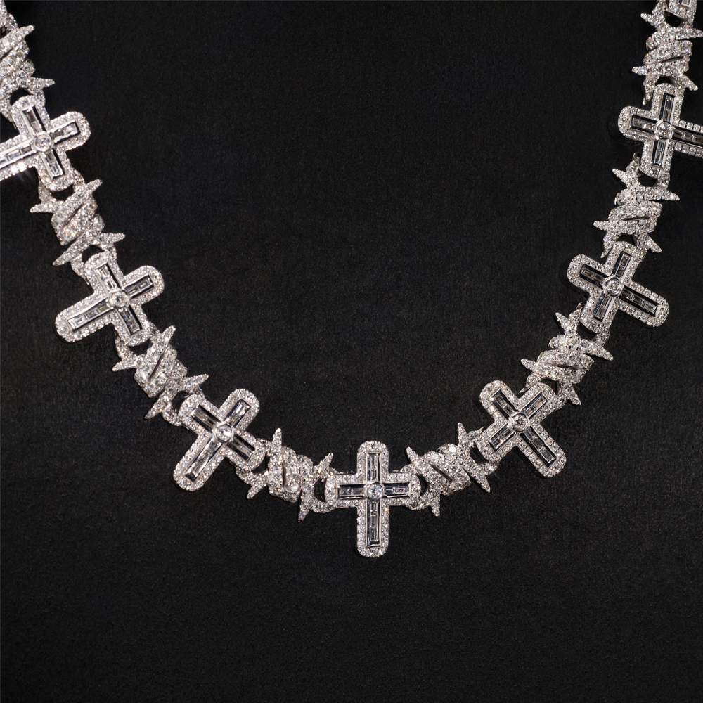 Chain Cross with Thorns White Gold 14K with Diamonds