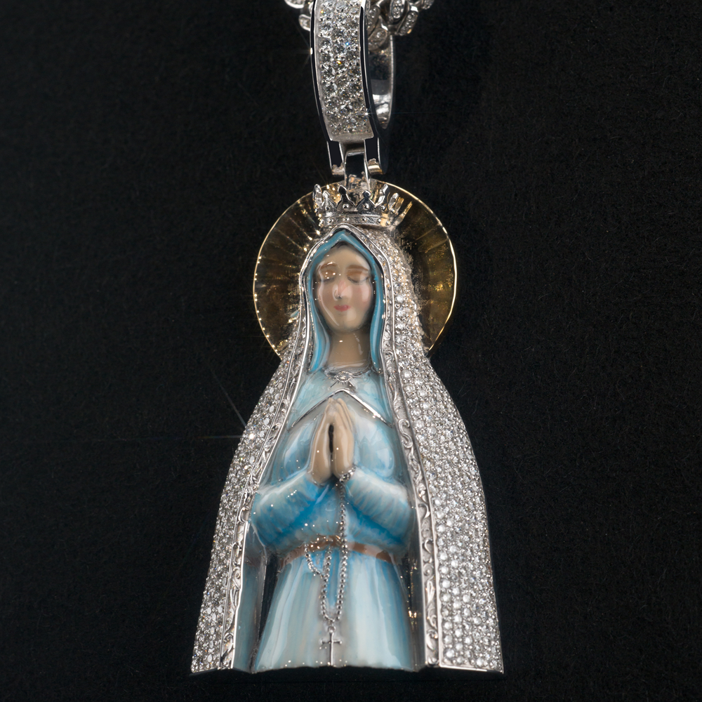 Virgin of Fatima Pendant 14K White Gold with Diamonds (Chain Not Included)