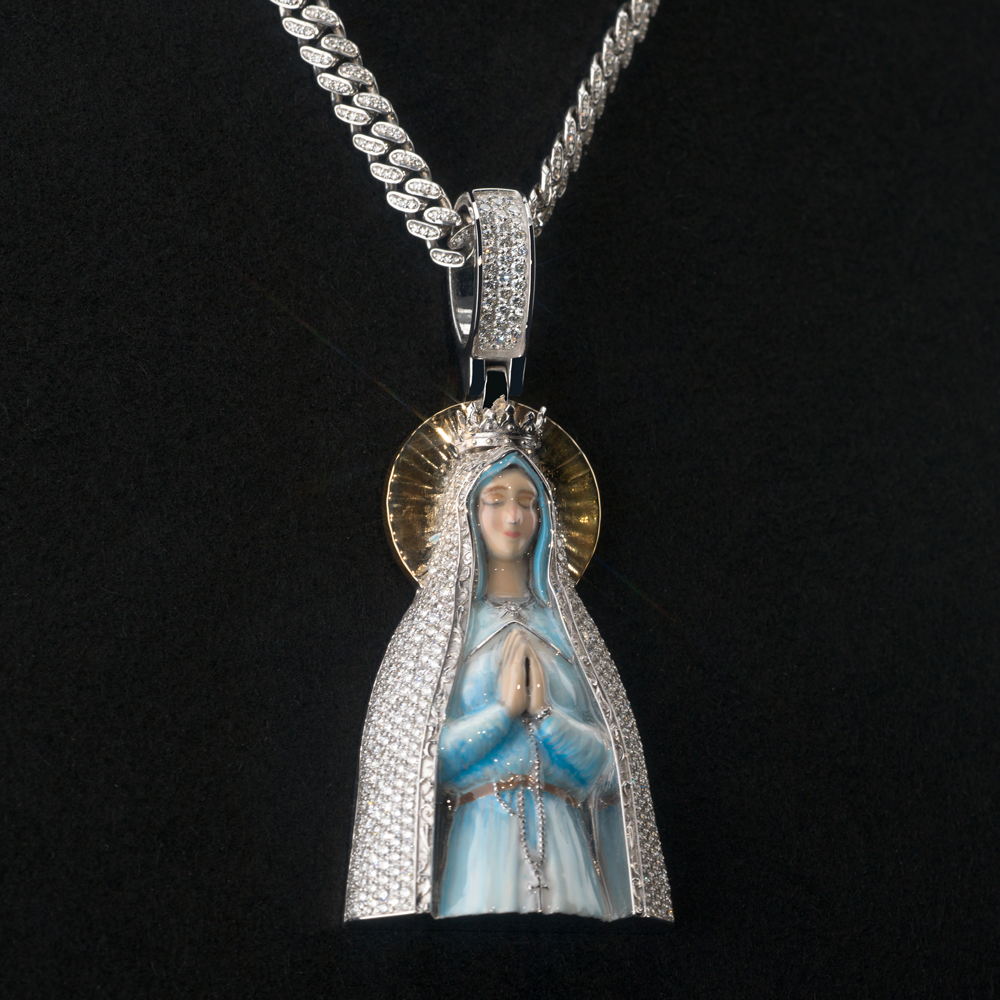 Virgin of Fatima Pendant 14K White Gold with Diamonds (Chain Not Included)