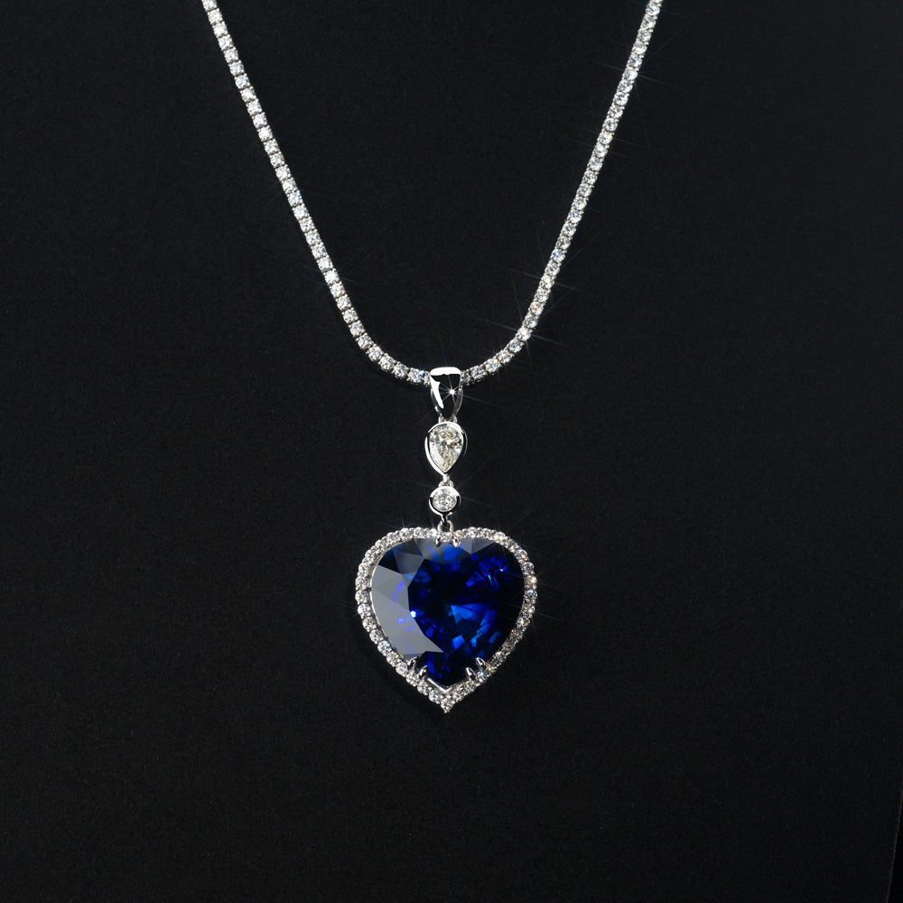 Heart Pendant with Central Heart-Cut Blue Sapphire, 14k Gold (Chain not included)