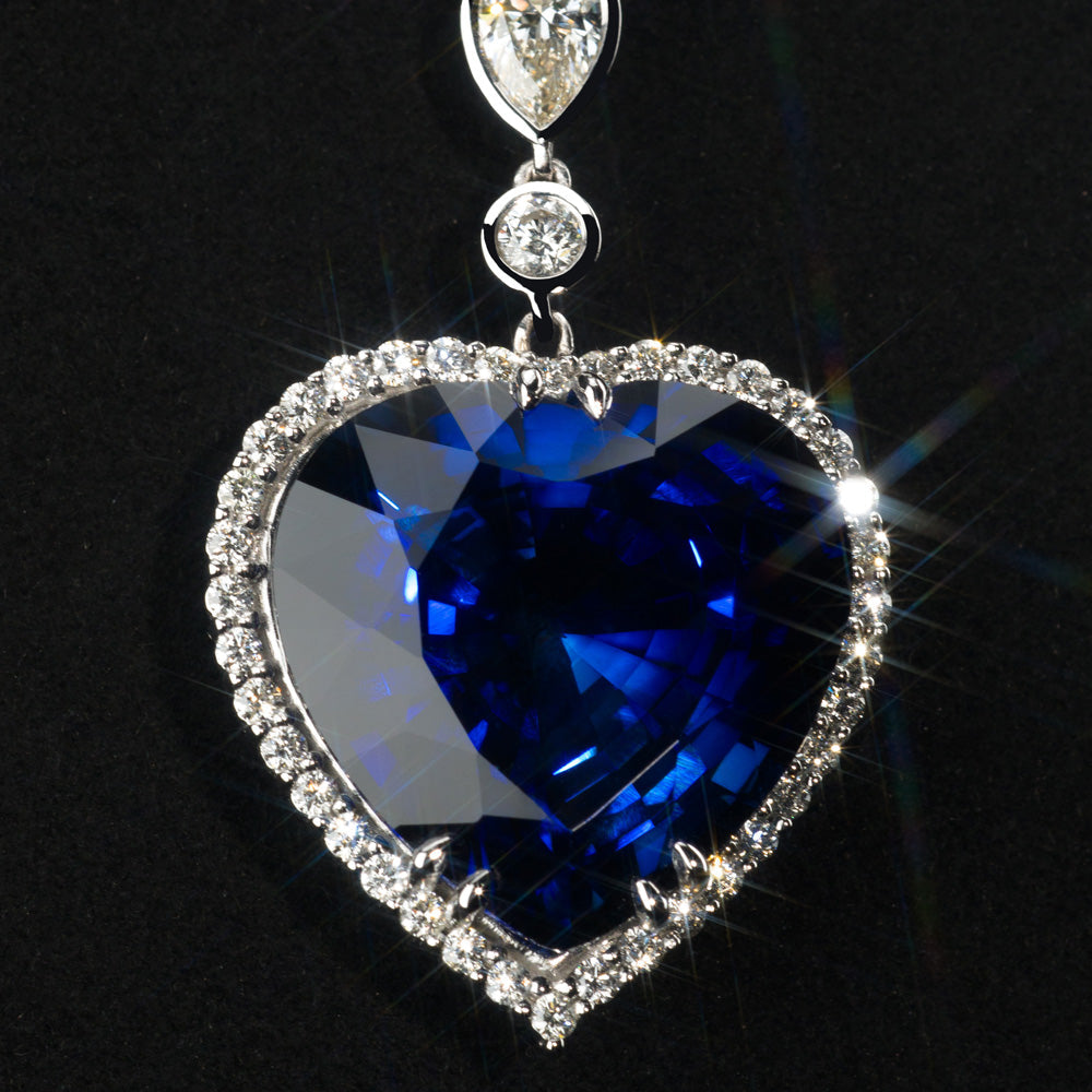 Heart Pendant with Central Heart-Cut Blue Sapphire, 14k Gold (Chain not included)